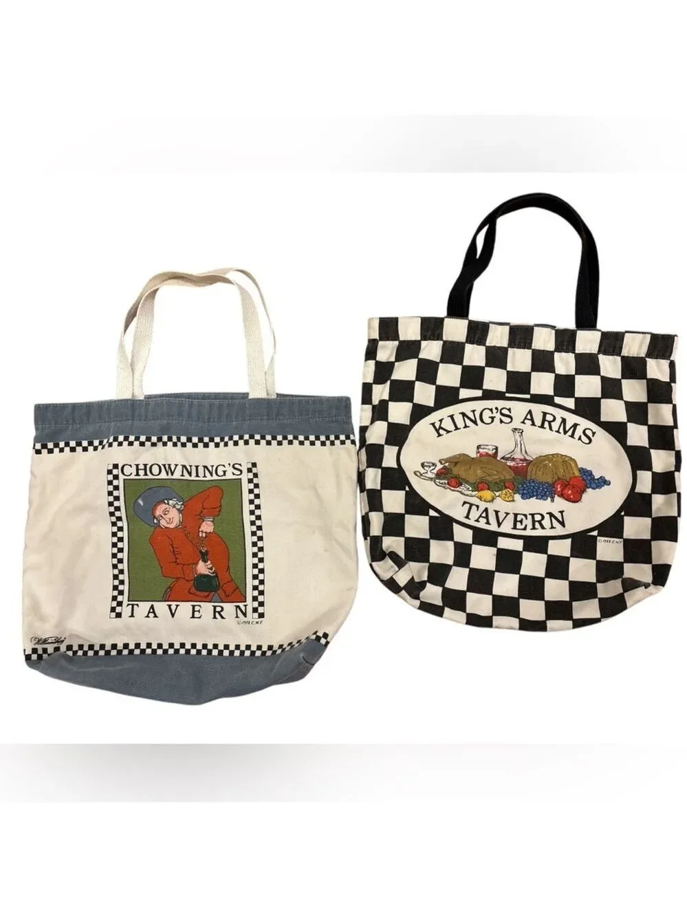 2PC 80s WILLIAMSBURG CWF COTTON TOTE WHIMSY CHOWNINGS TAVERN & KINGS ARMS TAVERN